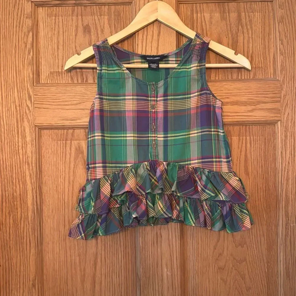 RALPH LAUREN Girls Plaid Ruffle Tank Top Madras Preppy Sleeveless